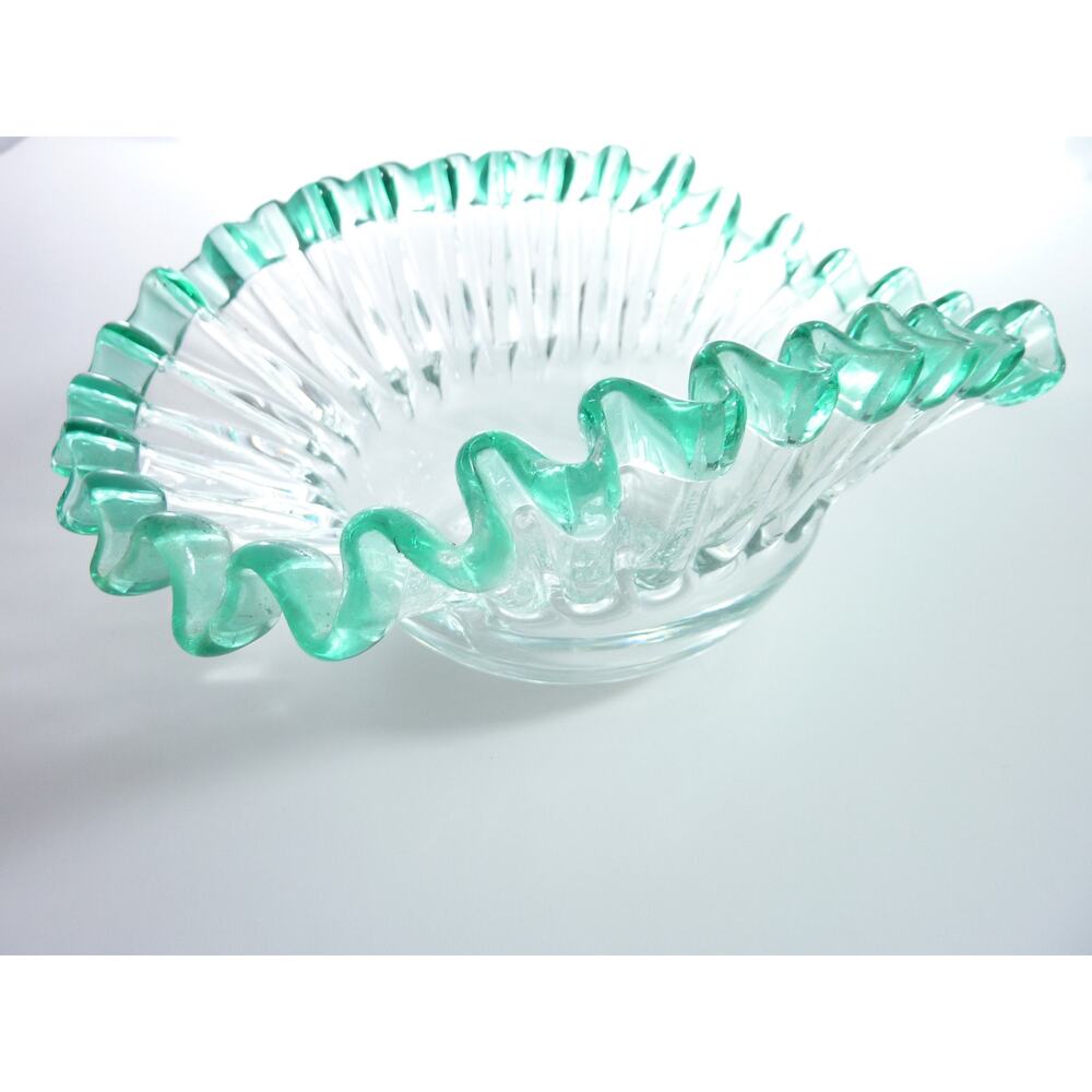Vintage Clear Blown Glass Bowl Green/Blue Edge Trim Scalloped Ruffle Mermaid - Picture 3 of 8